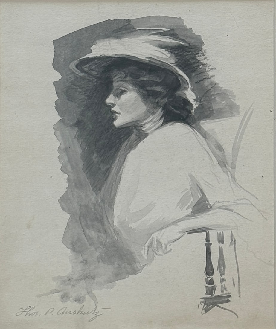 Thomas Pollack Anshutz (1851 - 1912) American: Thomas Pollack Anshutz (1851 - 1912) Watercolor, signed with pencil in lower left, measures 16 x 14.5 and 19 x 17 inches w/frame.