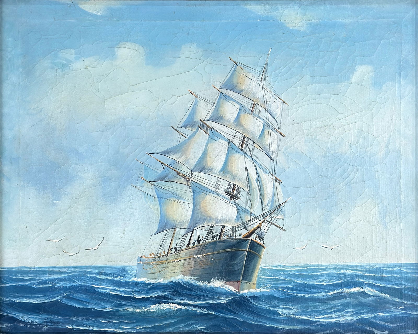 John Terry (1880-1934) Flying Cloud Clipper: John Coleman Terry (1880-1934) Oil on canvas depicting the clipper 'Flying Cloud, signed lower left "John Terry", piece measures 16 x 20 and 20 x 24 inches with faux rope inlay and gilt wood frame.