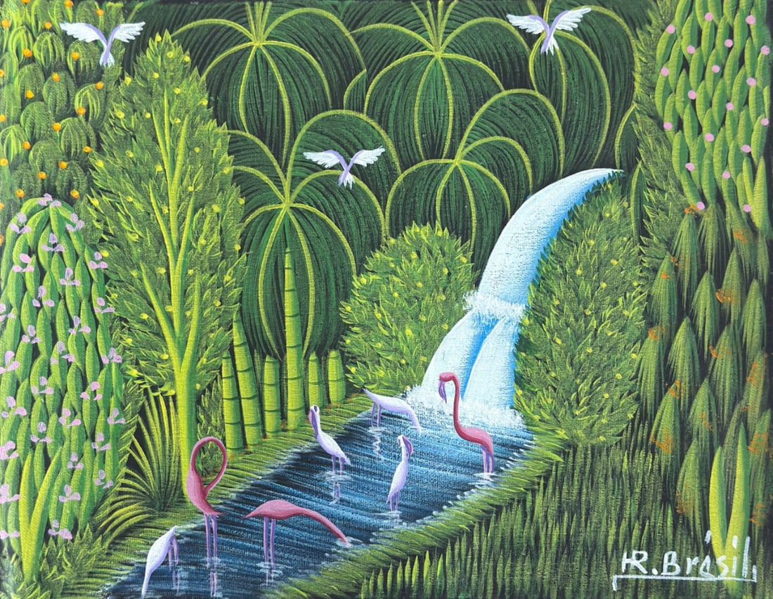 Henri Robert Bresil (1952 - 1999) Waterfall: Henri Robert Bresil (1952 - 1999) Oil on canvas, Signed, Measures 8 x 10 inches. Henri-Robert Brésil, born in Gonaïves, Haiti, in 1952, developed an early passion for art, particularly flamingos