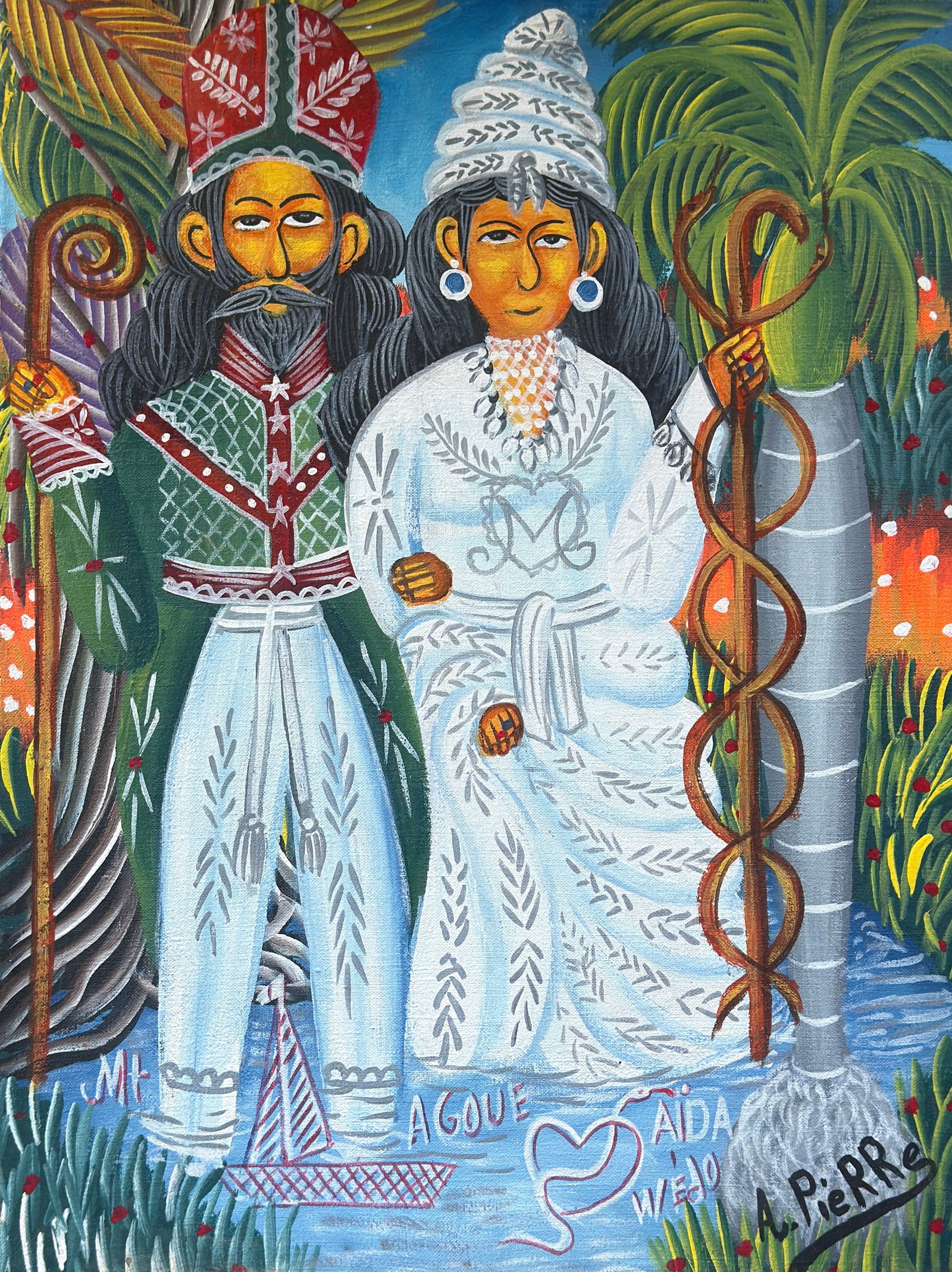 Andre Pierre ( 1916-2005 ) Agoué & Aida Wedo: Andre Pierre ( 1916-2005 ) Aida Wedo & Agoué. Oil on canvas, signed lower right, measures 16 x 12 inches. Andre Pierre was born in Port-au-Prince, Haiti around 1915 and moved at an early age to