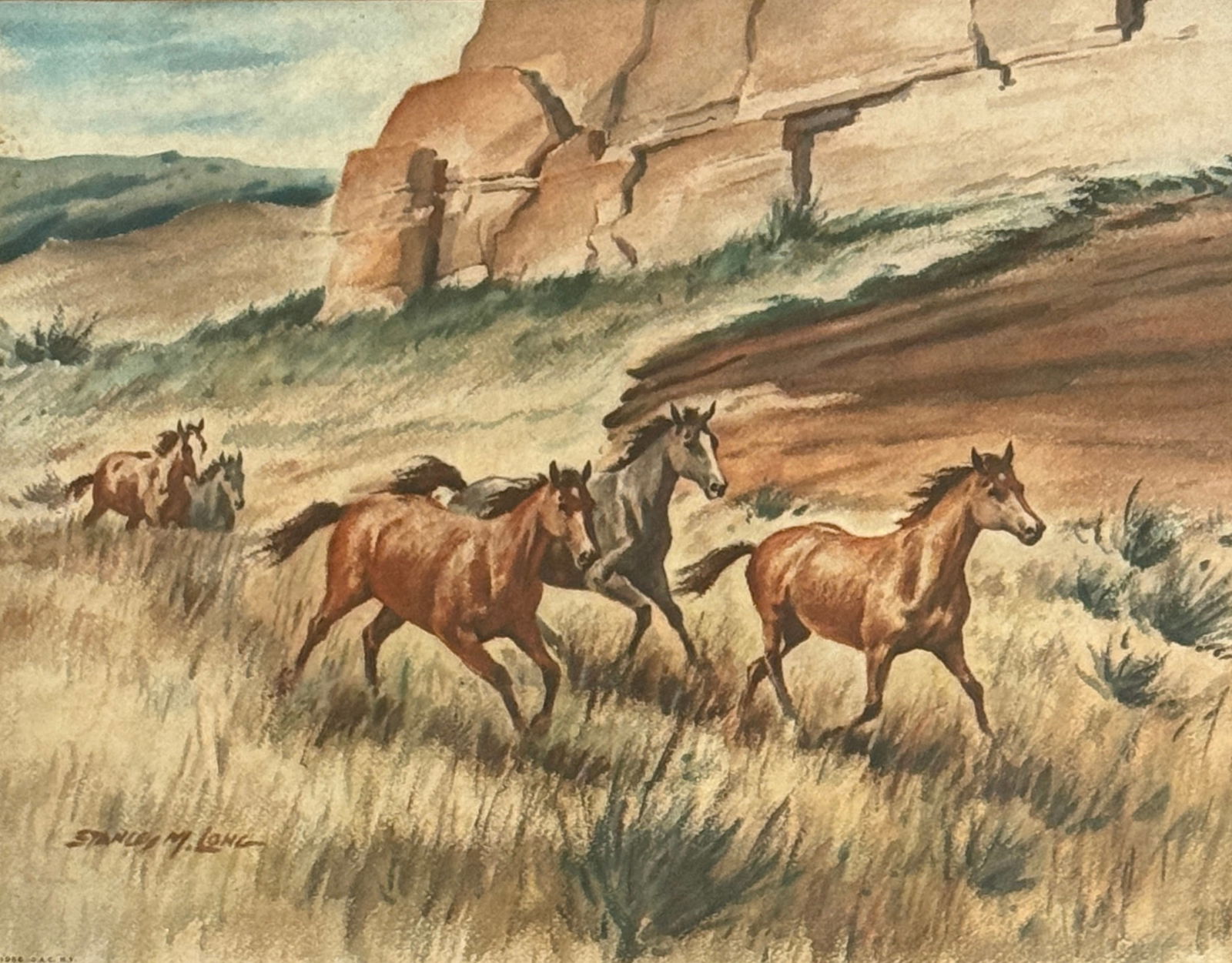 Stanley Long (CA,1892-1972) "Running Wild": Stanley Long (CA,1892-1972) "Running Wild" Watercolor on paper, signed lower left, piece measures 11 x 14 and 18 x 22 inches w/ frame.