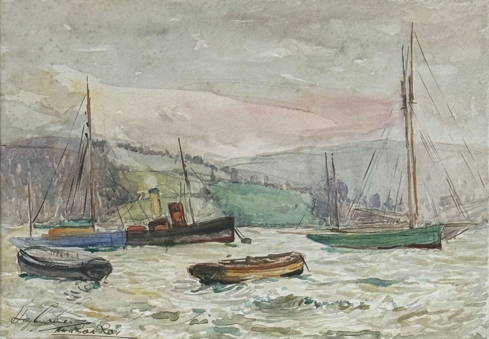 Hayley Lever (1876-1958) "Fresh Breeze on River, Exmouth, England": Hayley Lever (1876–1958) Fresh Breeze on River, Exmouth, England, 1910Watercolor on paper, signed lower leftSheet: 9 x 13.25 in.Framed: 17.5 x 21.75 x 1 in.This charming early watercolor by Hayley