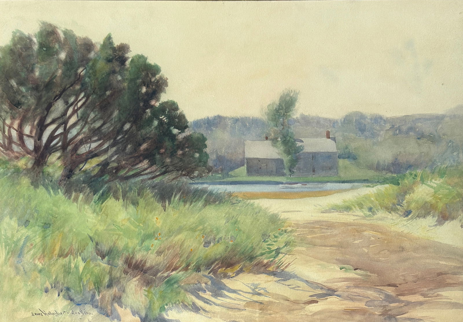 Sears Gallagher (1869 - 1955) "Sea View": Sears Gallagher (1869-1955) Watercolor on paper, signed lower left "Sears Gallagher" and what seems to be "Sea View", piece measures 14 x 20 and 22.5 x 28.5 inches with gilt mat and giltwood frame.