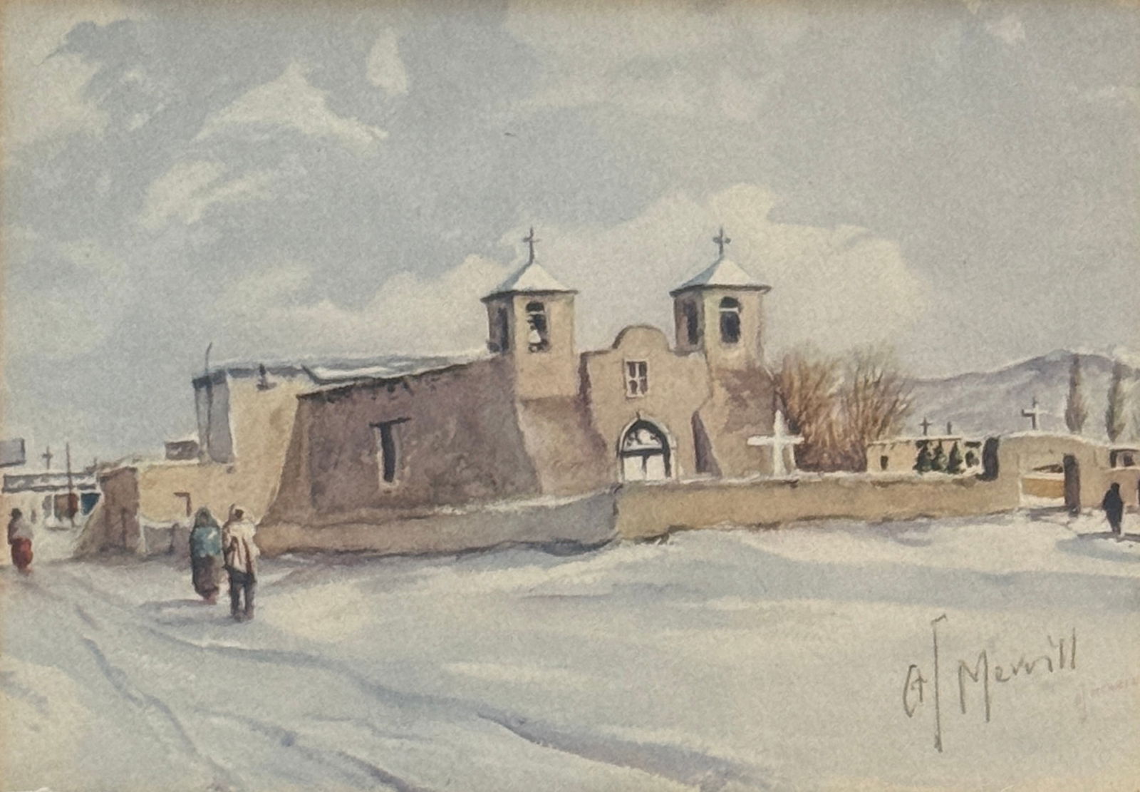 Arthur (A.J.) Merrill (1885 - 1973) American: Arthur (A.J.) Merrill (1885 - 1973) Watercolor, signed lower right, measures 6.5 x 4.5 and 11 x 9.5 inches w/frame. A. J. Merrill was born in Canada and lived much of his early life in Montreal. He