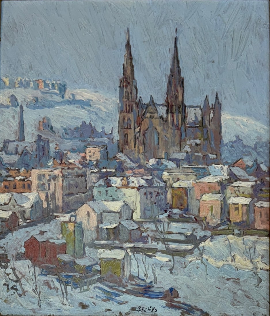 Ralph William Holmes (1876-1963) Winter Church Scene: Ralph William Holmes (1876-1963) Oil on board, Winter Church Scene, signed lower center "Ralph Holmes" , piece measures 10 x 8 and 13 x 11.5 inches w/ frame. Painter, muralist who helped the Colony