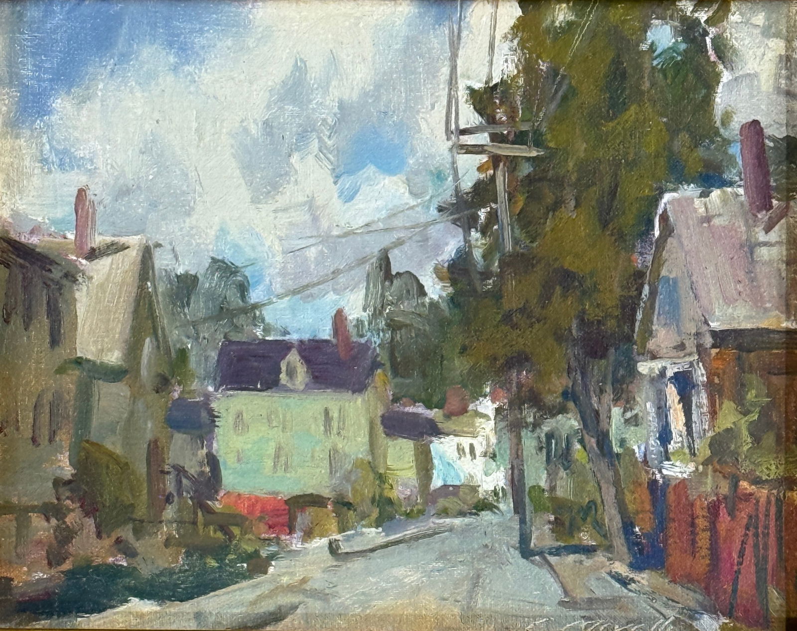 Charles Movalli (1945-2016) Street Scene: Charles Movalli (1945–2016) Street Scene (Possibly Bearskin Neck), oil on canvas laid on board, measures 8 x 10 inches and is presented in a 13.5 x 15-inch gold frame. This vibrant plein-air paintin