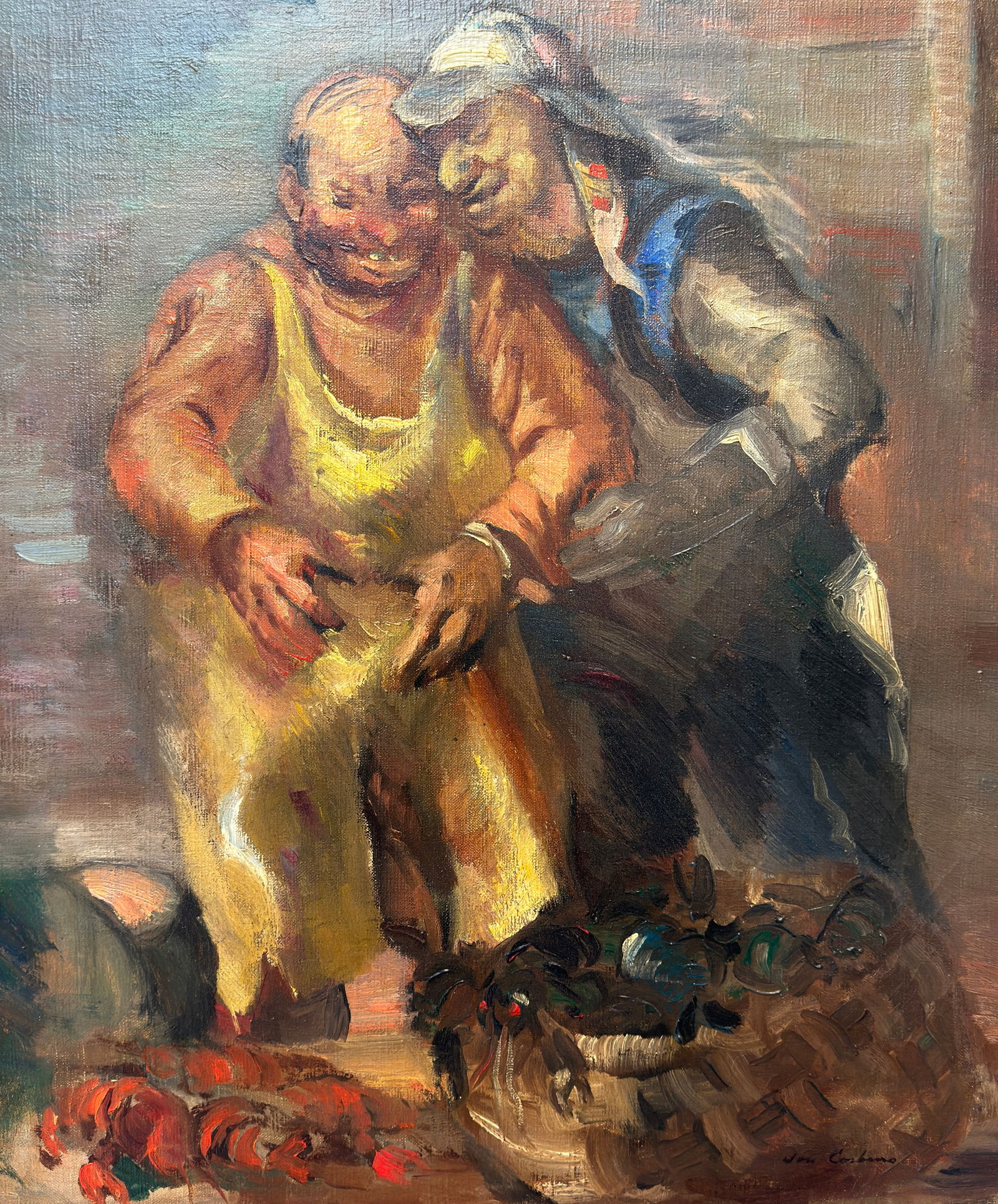 Jon Corbino (1905 1964) American: Jon Corbino (1905-1964) Oil on canvas, signed lower right "Jon Corbino", piece measures 20 x 16 and 24.5 x 20.5 inches in Rockport framers frame. Verso of frame is signed by artist and carries