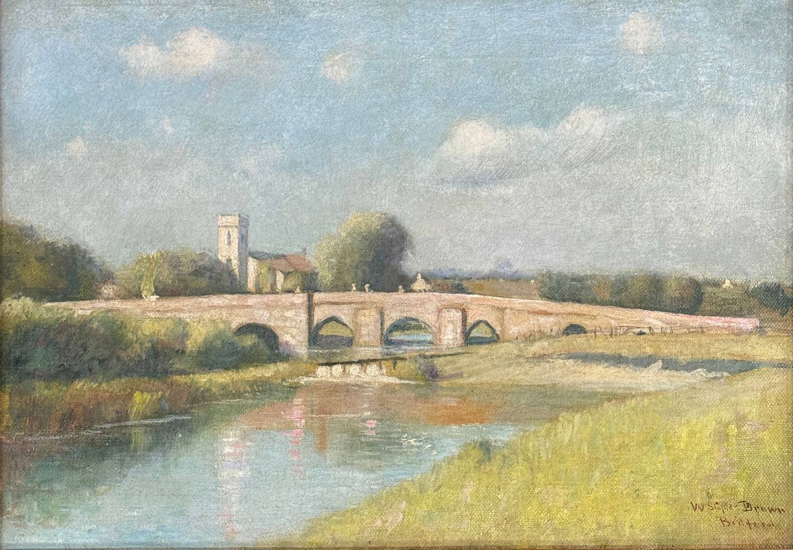 William Staples Drown (1856-1915), "Bradford Bridge Church": William Staples Drown (Rhode Island/Massachusetts, 1856-1915) "Bradford Bridge Church", Oil on canvas, signed lower right "W. Staples Drown", titled lower left and verso, piece measures 14 x 20 and