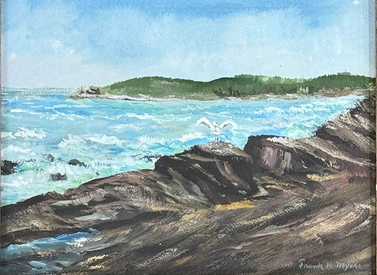 Frank Harmon Myers (1899 - 1956) American: Frank Harmon Myers (1899 - 1956) Mixed media on board, signed lower right, piece measures 8.5 x 11.5 and 13 x 16 inches w/frame. Ohio born Frank H. Myers enrolled at the Cincinnati Art Academy in 1917