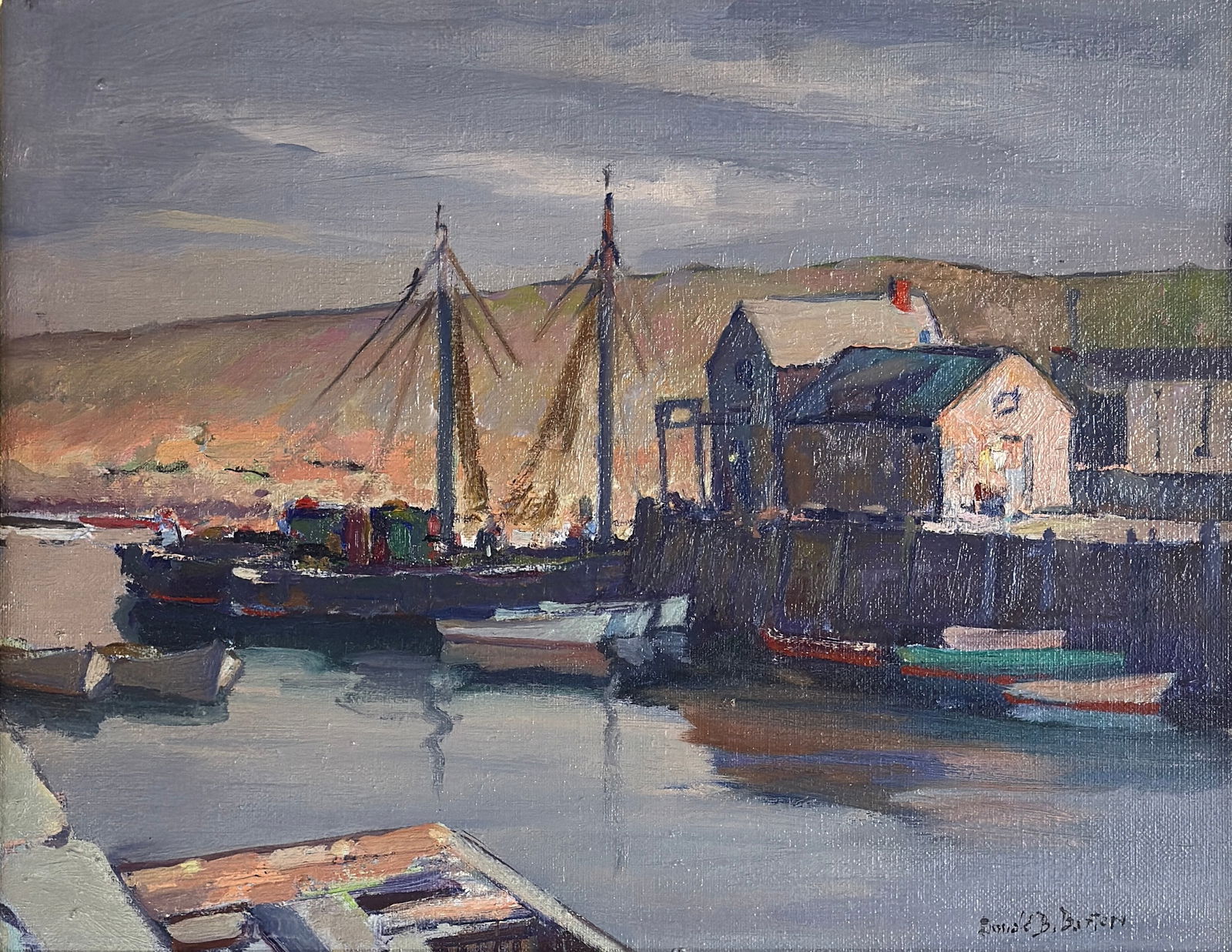 Donald Blagge Barton (1903-1990) Rockport Harbor: Donald Blagge Barton (1903-1990) Rockport Harbor, oil on canvas mnt. on board, signed lower right, piece measures 16 x 20 and 22.5 x 26.75 x 1 in. with custom frame. Barton was an American painter