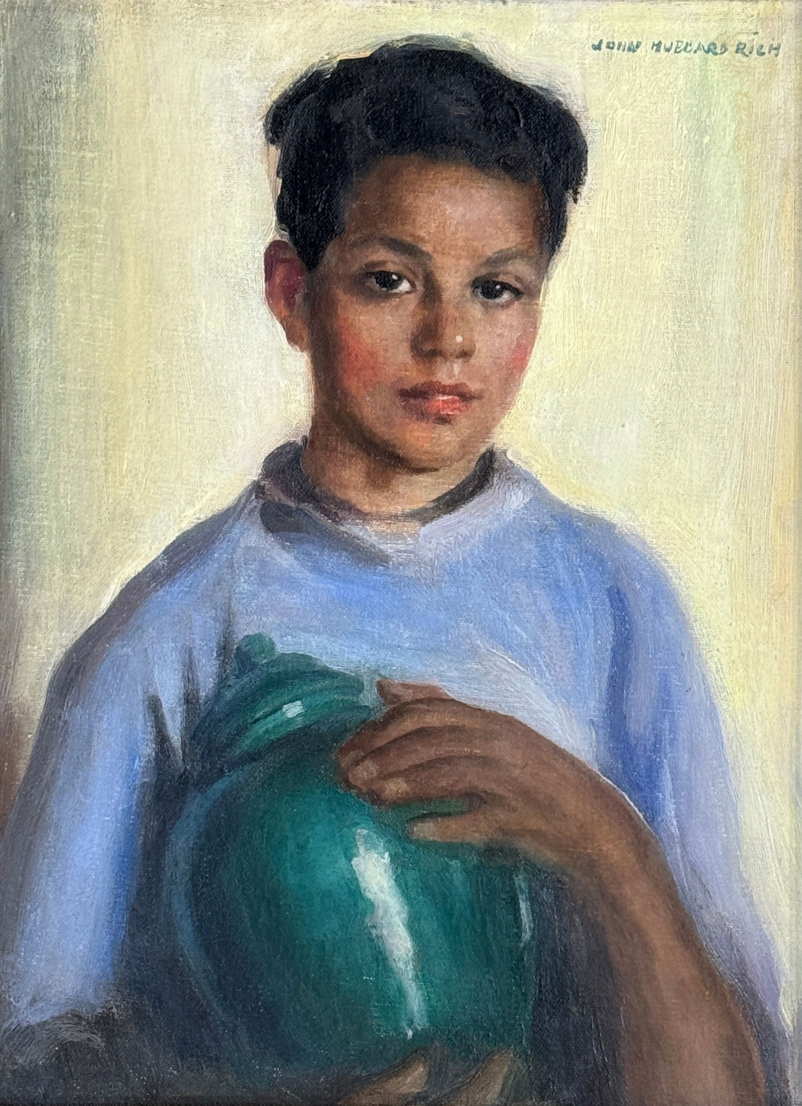 John Hubbard Rich (1876 - 1954) "Alberto": John Hubbard Rich (Massachusetts/California, 1876-1954), "Alberto," c. 1920s, oil on board, signed top right, titled en verso on handwritten label for Salmagundi Club Auction, and on stretcher, typed