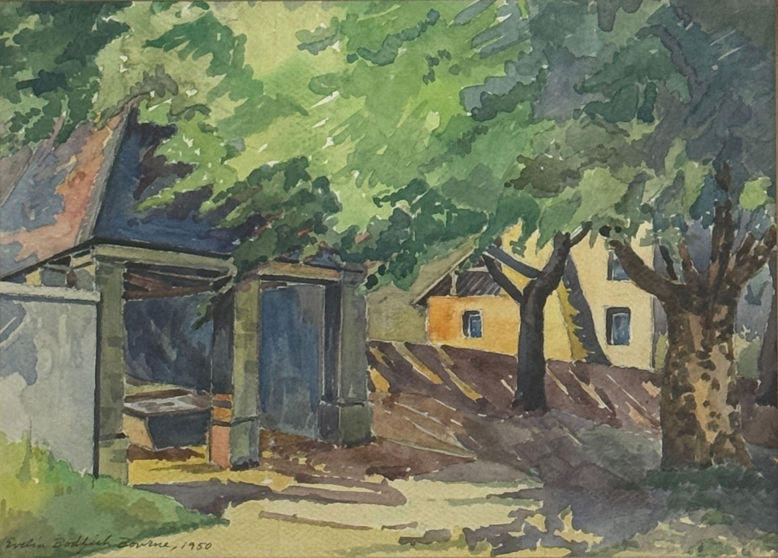 Evelyn B Bourne (1892-1954) American: Evelyn B Bourne (1892-1954) American, Watercolor on paper, signed lower left and dated 1950, piece measures 8 x 10.5 and 12 x 15 inches w/frame.