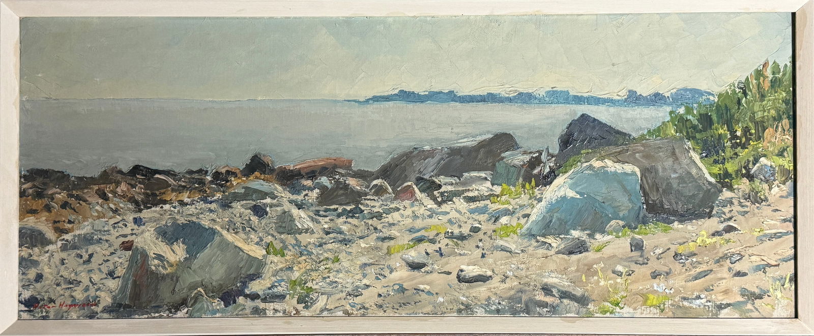 Peter Hayward (1905 - 1993) Coastal Ocean View Landscape: Exquisite coastal ocean view landscape painting signed by the listed artist Peter Hayward on canvas in a wood frame, this piece measures approximately 36.5” w x 18.5” tall. In frame, the