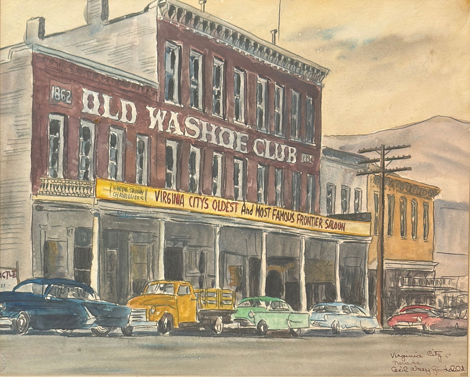 Cecil Wray Goodchild (1901 - 1983) Virginia City, Nevada: Cecil Wray Goodchild (1901 - 1983) Virginia City, Nevada Watercolor on paper, signed lower right, measures 18.5 x 23 and 27 x 30 inches w/frame. He was born in San Luis Obispo. He spent five years at