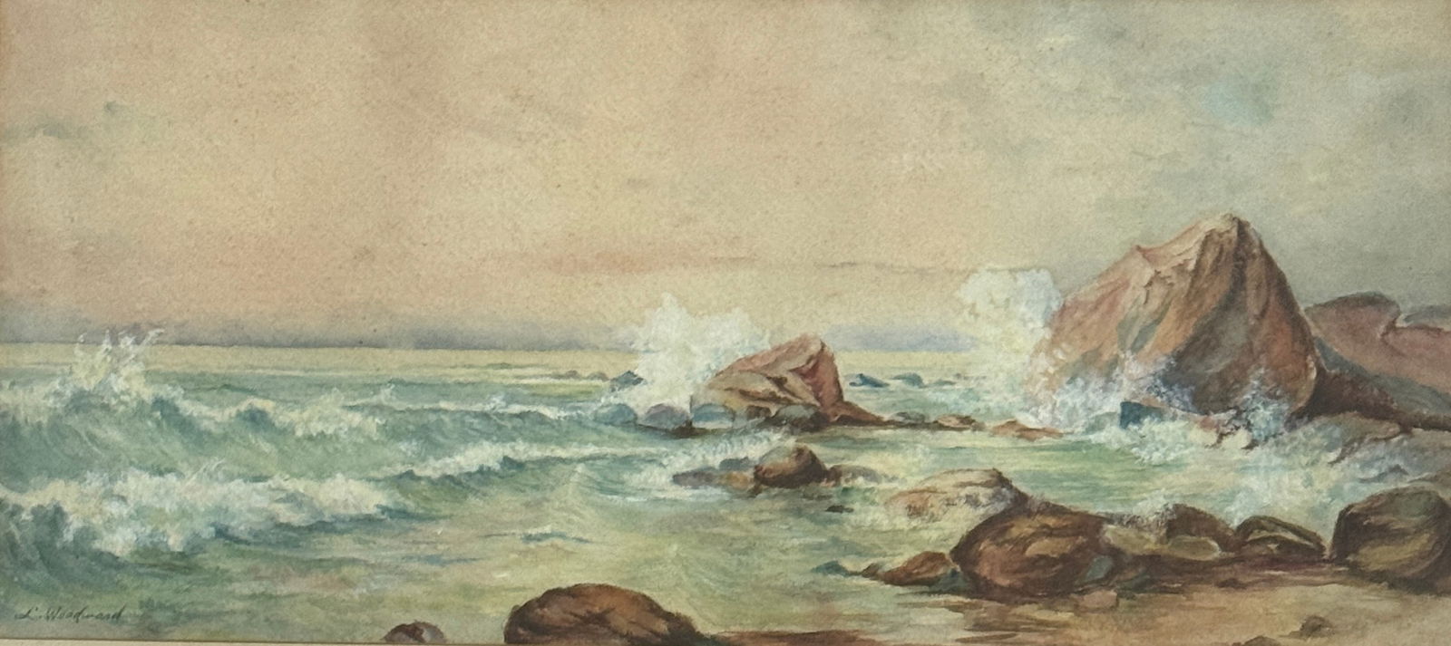 Laura Woodward (1834 - 1926) American: Laura Woodward (1834 - 1926) American, Watercolor on paper, signed lower left, piece measures 9 x 19 and 16 x 26 inches w/ frame.