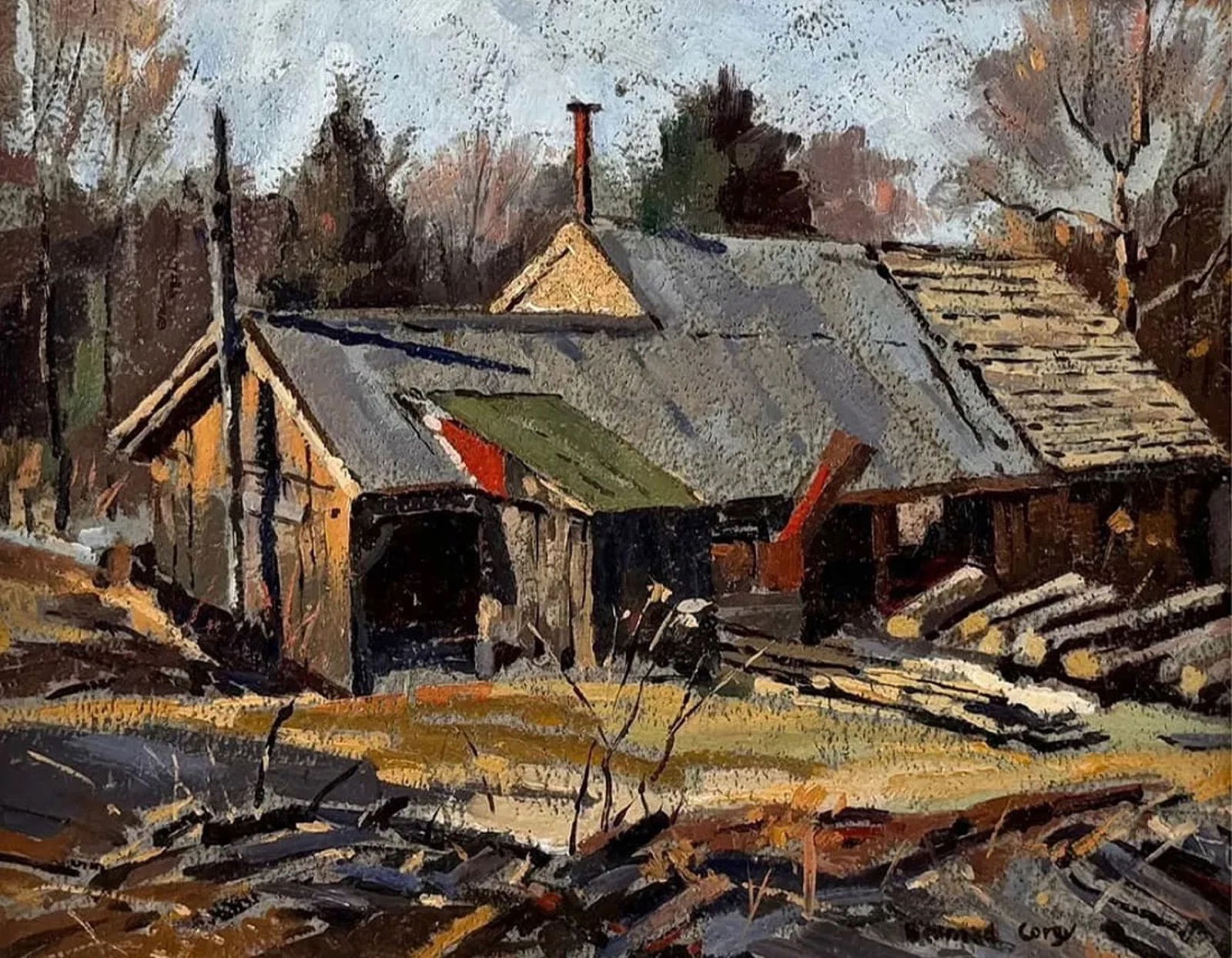 Bernard Corey (1914-2000) New England Barn: Bernard Corey (1914-2000)Massachusetts, Oil on board depicting a New England Barn, signed lower right "Bernard Corey". Estate stamped on verso, piece measures 8 x 10 and 15 x 17 inches w/frame.