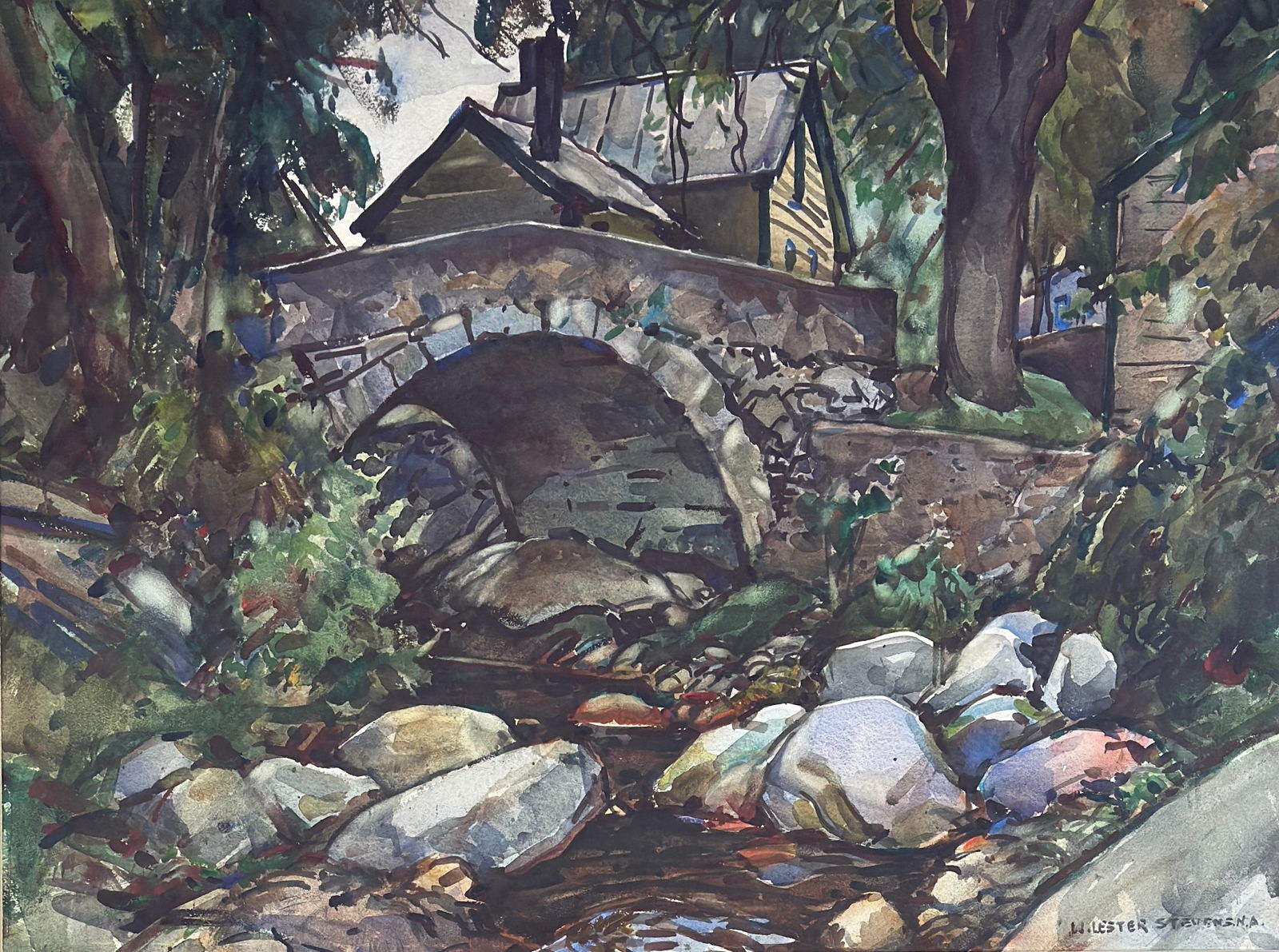William Lester Stevens (1888 - 1969) "Bridge in Vermont" dated 1949': William Lester Stevens (1888 - 1969) Bridge in Vermont 1949, signed lower right and on verso as well as dated, watercolor on paper, piece measures 21 x 28 and 34 x 41 inches w/frame. Born in Rockport,