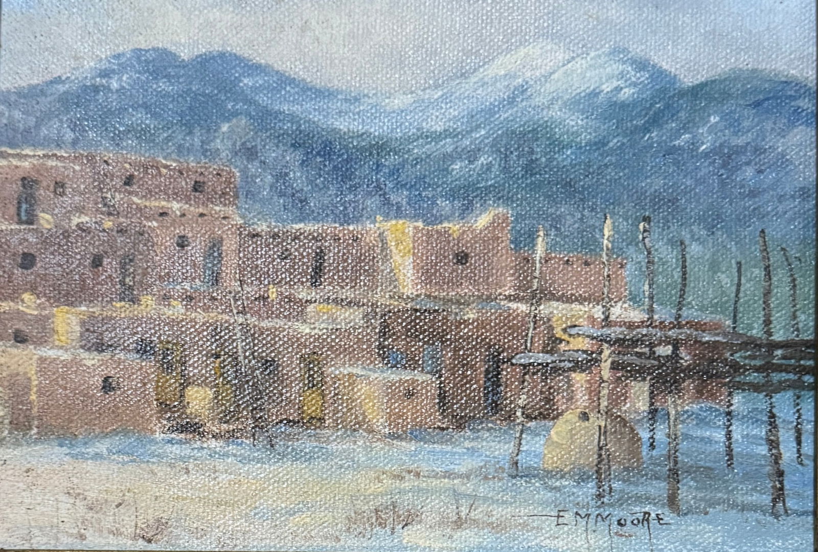 Edna Maree Moore (1930 - 1989) "Taos, Pueblos": Edna Maree Moore (1930 - 1989) Oil on canvas, signed lower right E.M. Moore and on verso titled "Taos, Pueblos", piece measures 5 x 7 and 10.5 x 12.5 with gilt colored wood frame. "Painting