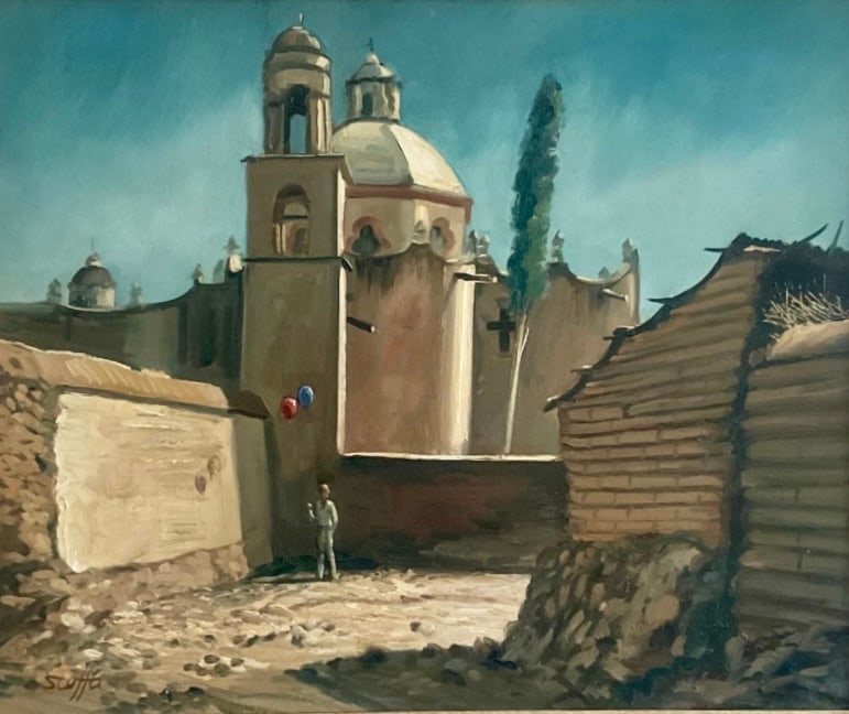 Michael Stoffa (1923-2001) - Historic Mexican Church Scene: Michael Stoffa (1923-2001) - Historic Mexican Church Scene oil painting signed. Stoffa, often called "The King of the Street Painters" during his time working in Mexico, is renowned for his