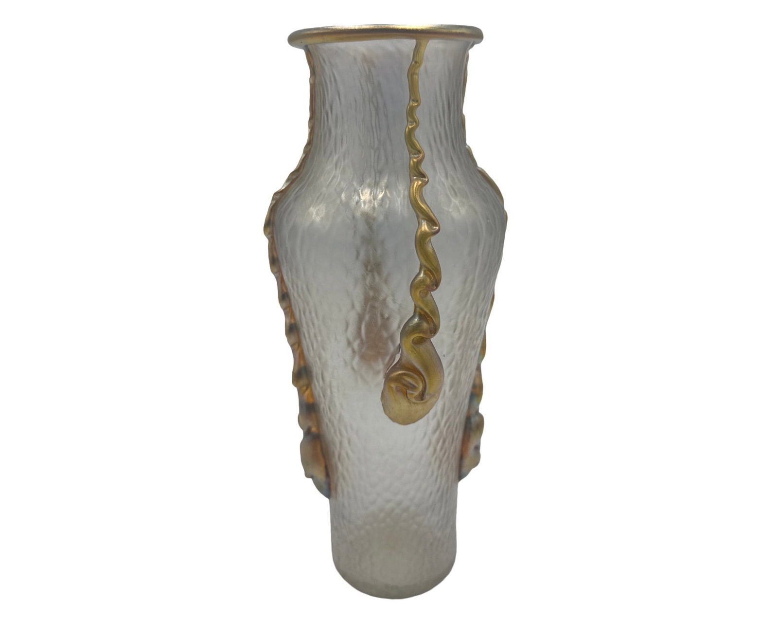 Antique Loetz Attributed Nautilus Glass Vase with Applied Golden Iridescent: Antique Loetz Attributed Nautilus Glass Vase with Applied Golden Iridescent measures H 9" ,W 4"
