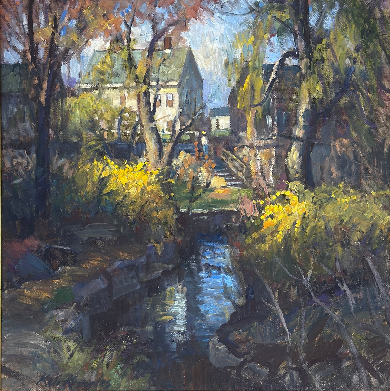 KENNETH KNOWLES (Born 1968) "Mill Brook Park": KENNETH KNOWLES (Born 1968) Oil on canvas, titled "Mill Brook Park", signed lower left and titled on verso, piece measures h. 24 w. 24 and 30-1/2 x 30-1/2 inches w/ frame. Originally From the collecti