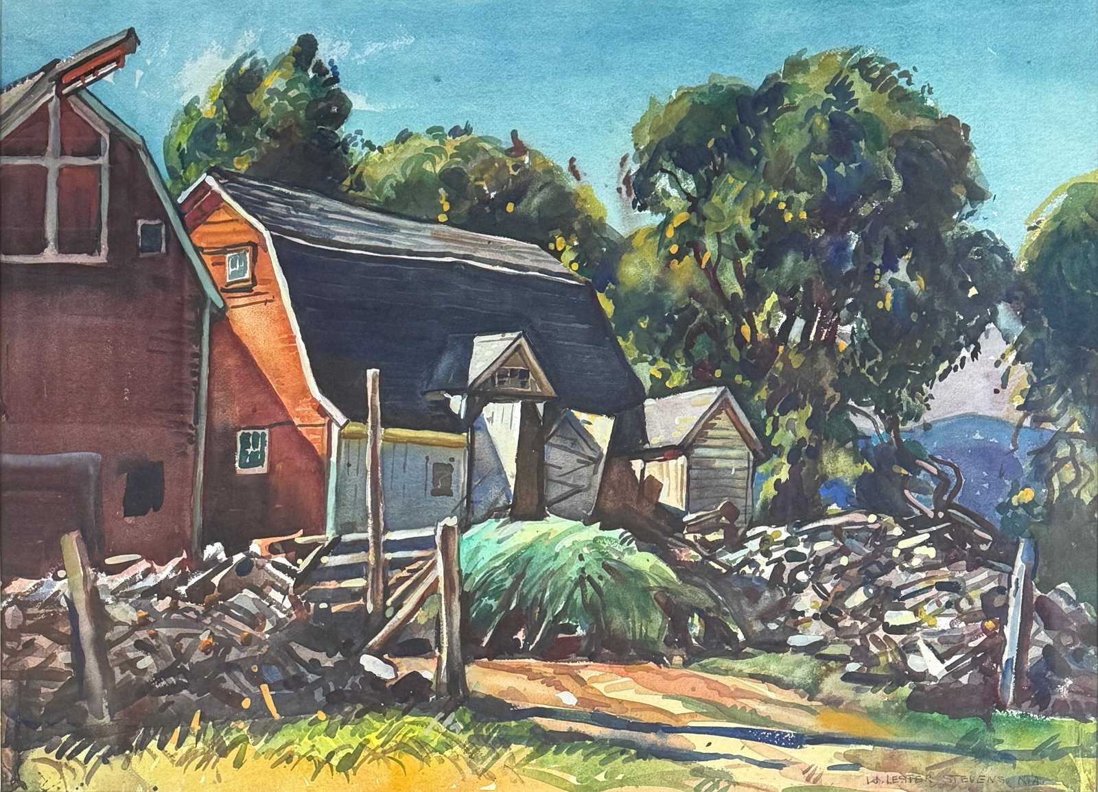 William Lester Stevens (1888-1969) The Old Barn: William Lester Stevens (1888-1969) Autumn Barn Scene, Watercolor on paper, signed lower right and with National Academy inscription, piece measures 20.75 x 28.5 and 28 x 35.5 inches w/framing done in
