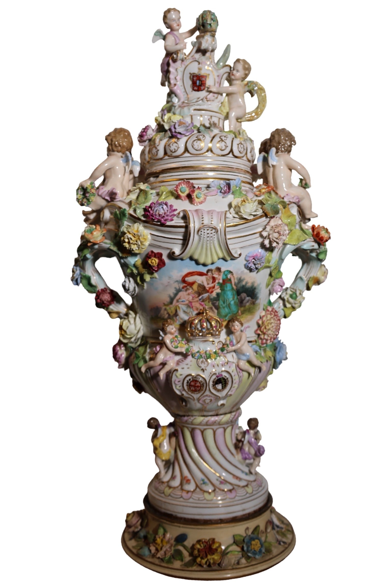 Massive Dresden Carl Thieme Floor Urn GERMAN: MASSIVE DRESDEN CARL THIEME FLOOR URNGerman, second half 19th century, porcelain. Saxonian Porcelain Co. German Armorial. Figural putti and floral sprays throughout the double-handled and lidded urn f