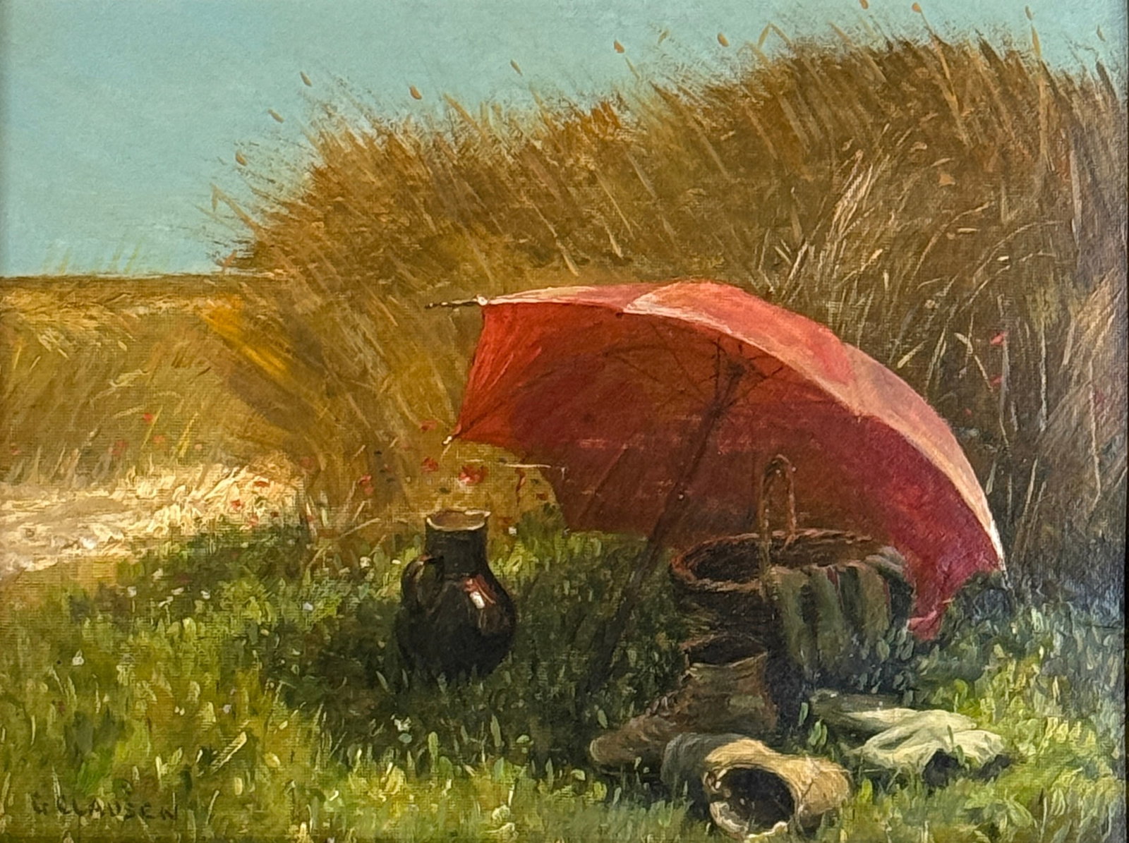 Sir George Clausen (1852 - 1944) Illinois / England: George (Sir George) Clausen (1852 - 1944) Oil on board, signed lower left and on verso as well as 2205, piece measures 9 3/4 x 13 and 17 x 20 inches w/frame . A painter who earned much distinction for