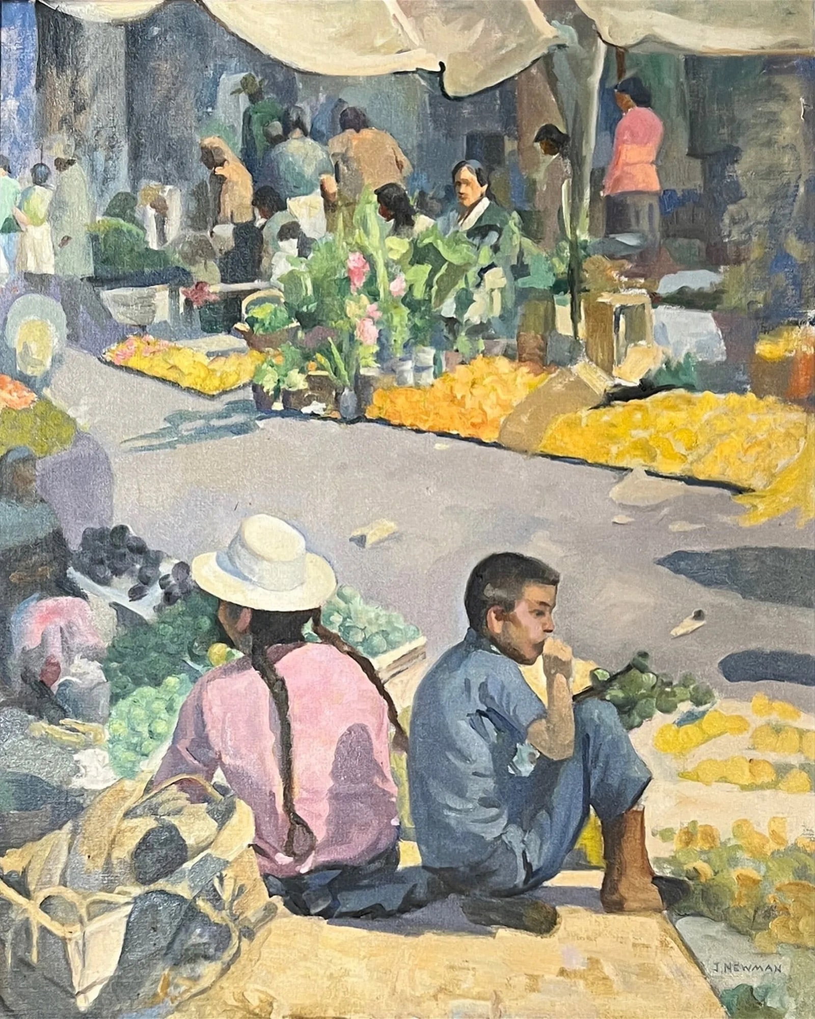 Joseph Newman (1890-1979) Mexican Market: Joseph Newman (1890-1979) Oil on Canvas depicting a Mexican market scene, signed lower right "J. Newman", piece measures 30 x 24 inches and 31 x 25 inches w/ frame. Piece depicts a Mexican market. Jos
