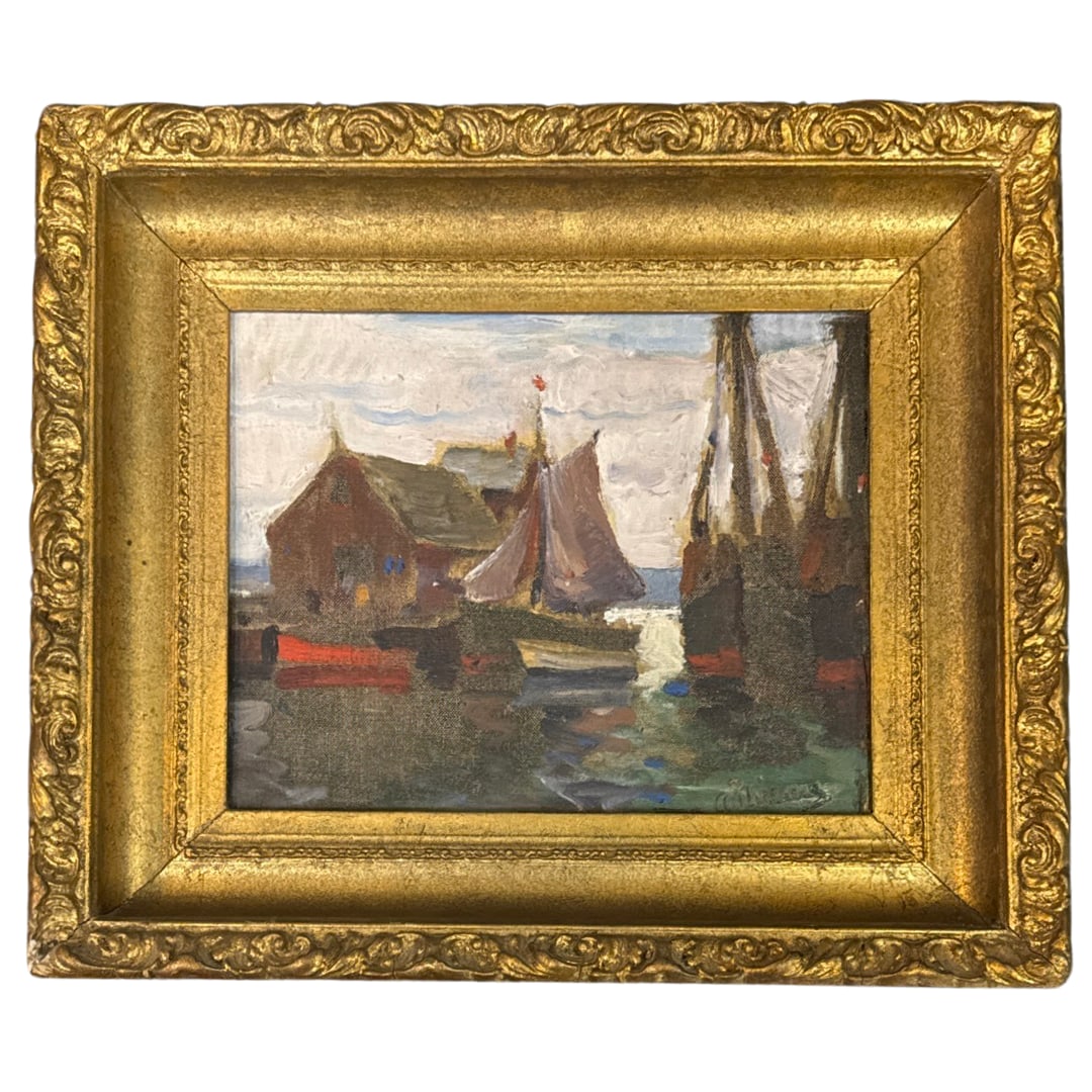 Anthony Thieme (1888-1954) Motif #1: Anthony Thieme (1888 - 1954) Oil on canvas board, signed lower right "A Thieme", piece measures 8 x 10 and 12 x 14.5 inches w/ frame. Painting was part of the 2017 Rockport Art Association sale and si