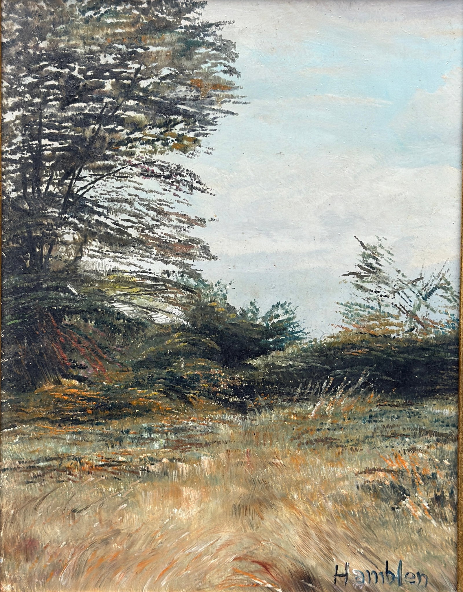 Robert Hamblen (1932 - 2017) American: Robert Hamblen (1932 - 2017) Oil on board, signed lower right, piece measures 7 x 5.5 and 8 x 6.5 inches w/frame. Robert Hamblen was a self-taught American landscape painter. The artist describes his