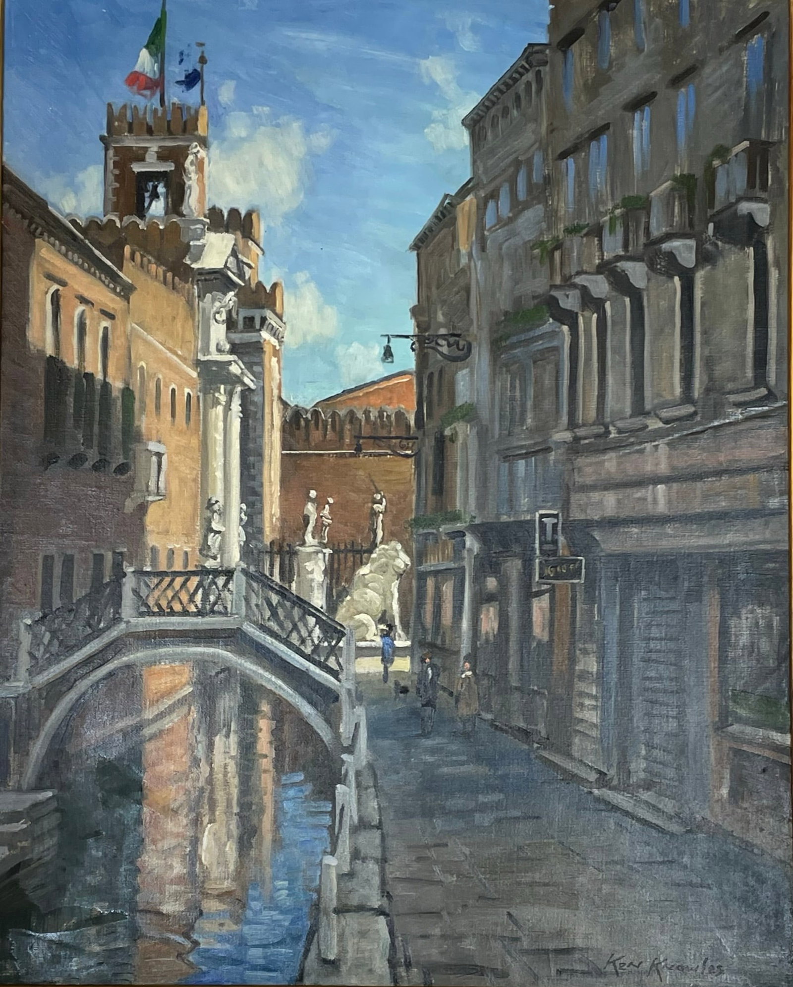Ken Knowles (Born 1968) "The Arsenale": Kenneth J. (Ken) Knowles (Born 1968) Oil on canvas, signed lower right and on verso, piece measures h. 30 w. 24 in. overall: 36-1/2 x 30-3/4 in. (frame), piece titled "The Arsenale, Venice, Italy, 200