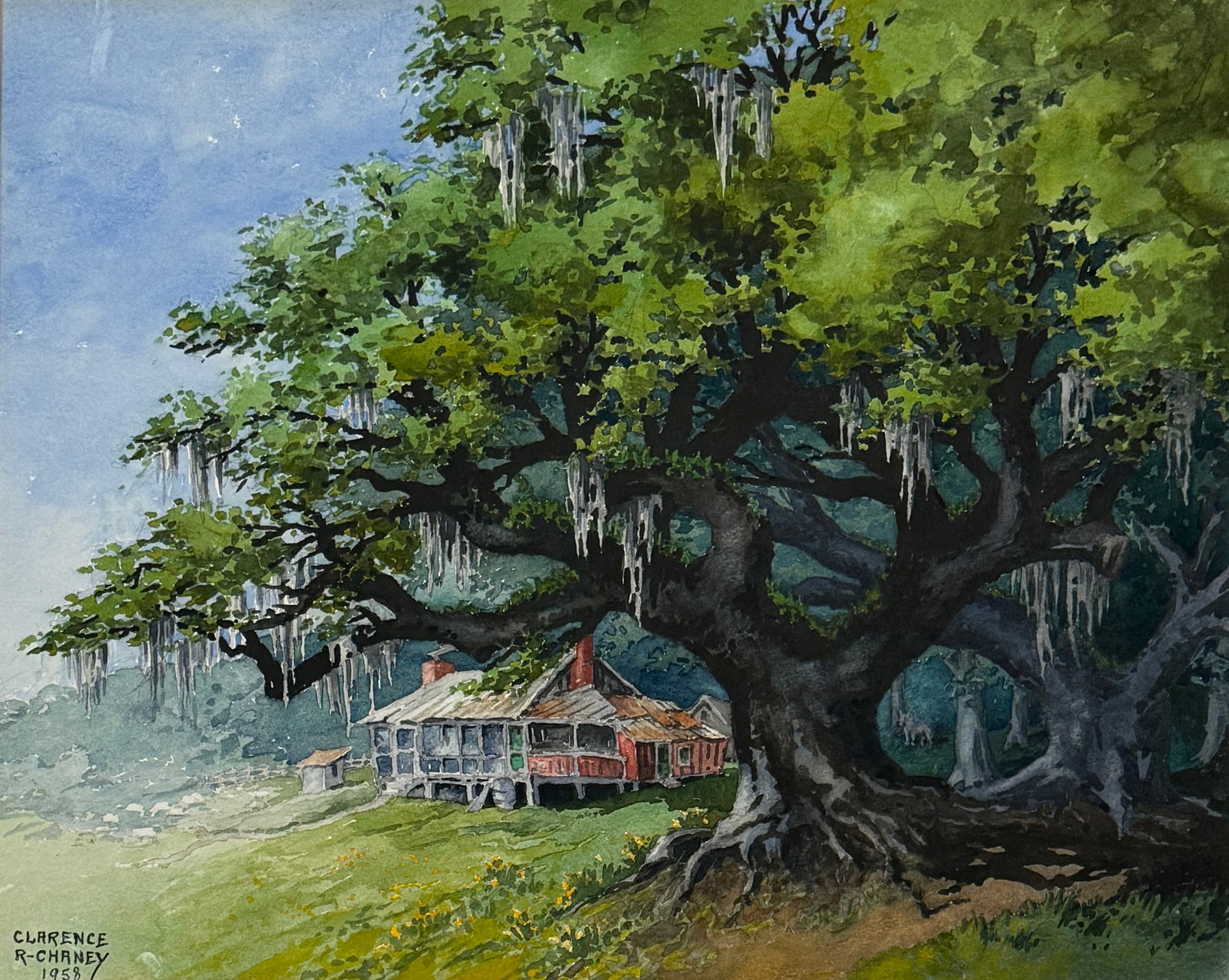 Clarence R. Chaney (1887-1972) American: Clarence R. Chaney (1887-1972) Watercolor and gouache on paper, signed and dated lower right "Clarence R. Chaney 1958", piece measures 14.5 x 17.5 and 22 x 26 inches w/ frame. Artist was active in Min