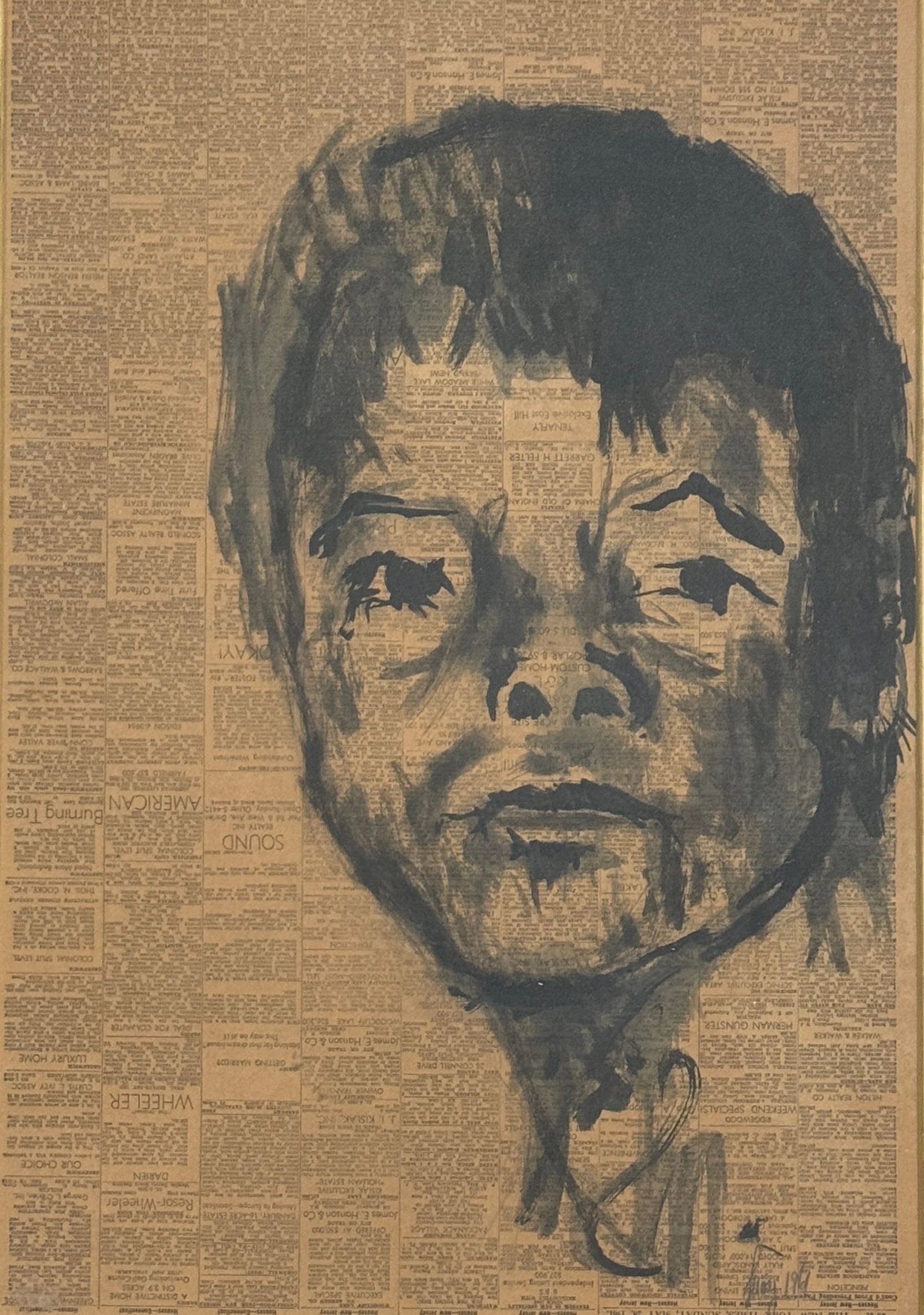 Vintage Drawing on Newspaper Signed: Vintage Drawing on Newspaper Signed Illegible , measures