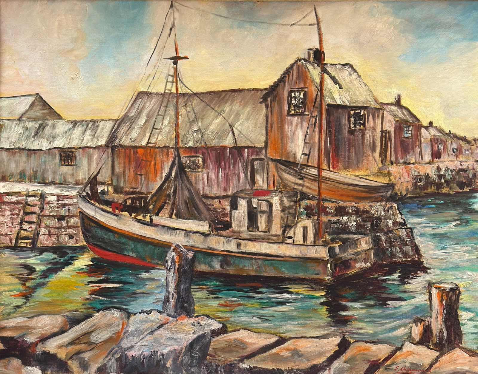 Stephan Chizmarik (1898 - 1962) Harbor Scene: Stephan Chizmarik (1898 - 1962) Harbor Scene Oil on board, signed lower right, measures 22 x 28 and 27 x 33 inches w/frame. A widely known Detroit artist, Stephen Chizmarik, 62 was buried in Mt. Olive