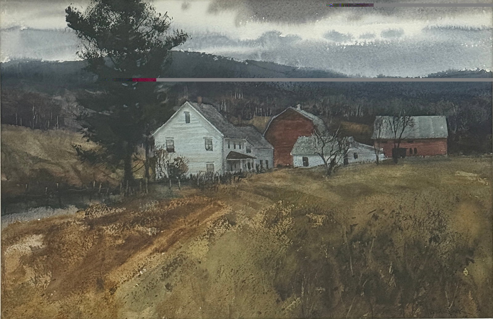 PAUL STRISIK (American 1918-1998) "Farm, Vermont,": PAUL STRISIK (American 1918-1998) "Farm, Vermont," CIRCA 1970,watercolor on paper, signed lower right, "P. Strisik."Sight: 13 1/2 x 20 1/2 in. (34.3 x 52.1 cm.), Frame: 21 1/2 x 28 in. (54.6 x 71.1