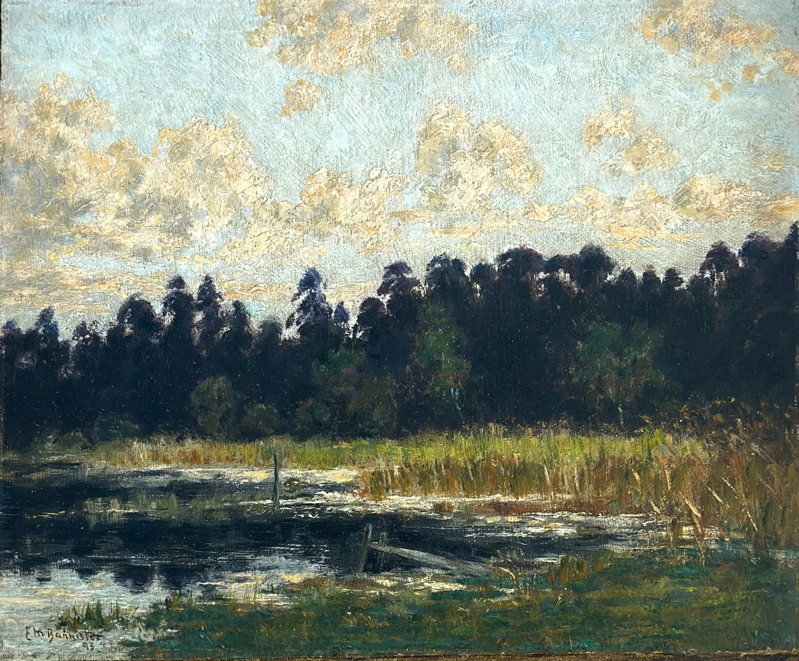 Edward Mitchell Bannister (1828 - 1901) American: Edward Mitchell Bannister (1828 - 1901) Oil on board, signed lower left, measures 10 x 12 and 14 x 16 inches framed. Edward Mitchell Bannister was born on November 2, 1828, in the small seaport town