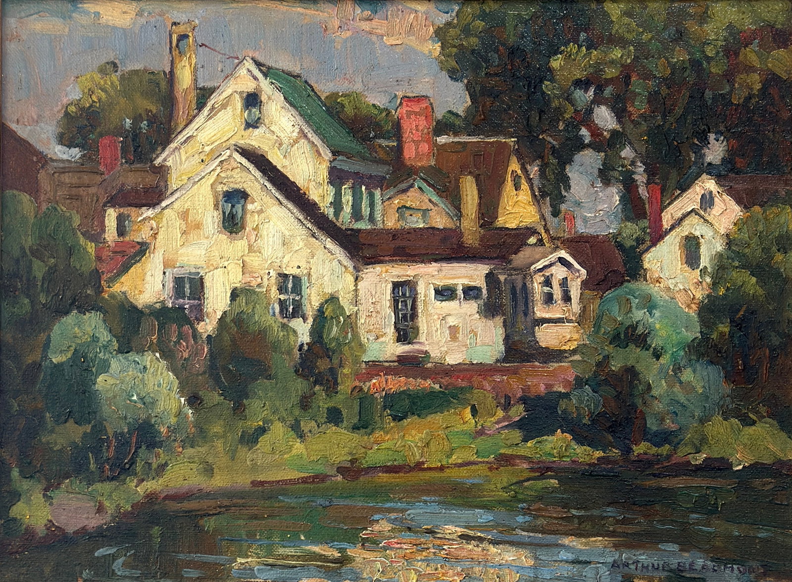 Arthur Beaumont (1890-1978) "Midsummer": Arthur Beaumont (1890-1978) "Midsummer" Oil on board, signed lower right, measures 19 x 24 inches framed. Born in Norwich, Norfolk, England, Arthur Beaumont became known for his watercolor paintings o