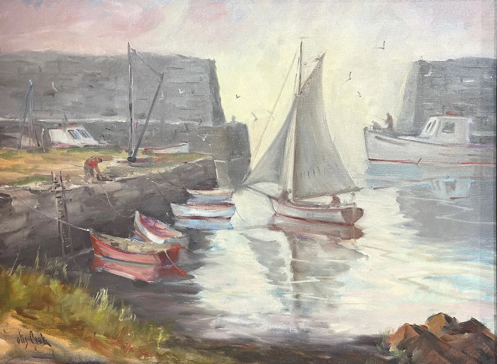 Otis Pierce Cook, Jr. (1900 - 1980) American: Otis Pierce Cook, Jr. (1900 - 1980) Oil on Canvas depicting Sailboat in harbor, signed lower left, piece measures 20 x 24 and 27 x 31 inches w/frame. Born in New Bedford, Massachusetts, Otis Cook sett