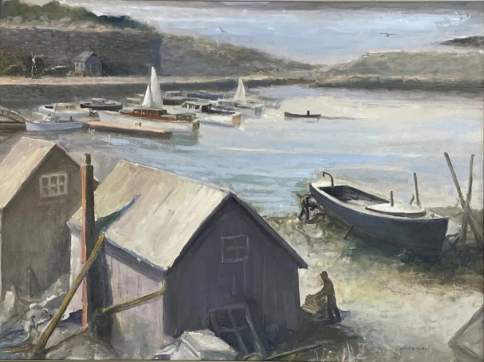 Edward H. Harrigan (1910 - 1987) American: Edward H. Harrigan (1910 - 1987) Oil on canvas, signed lower right, piece measures 18 x 24 and 22 x 28 inches w/frame. Artist was an American artist and art instructor.Harrigan was born in Medford, MA