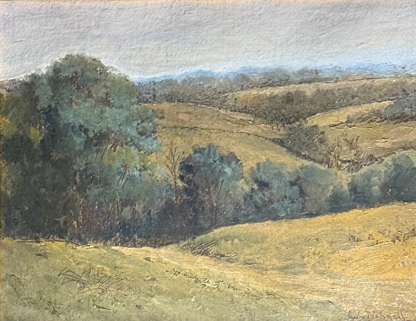 George W. Picknell (1864 - 1943) American: George W. Picknell (1864 - 1943) Oil on board, signed lower right, measures 10 x 8 and 12.5 x 10.5 inches w/frame. George W. Picknell was born in North Springfield, Vermont on June 26, 1864. A landsca