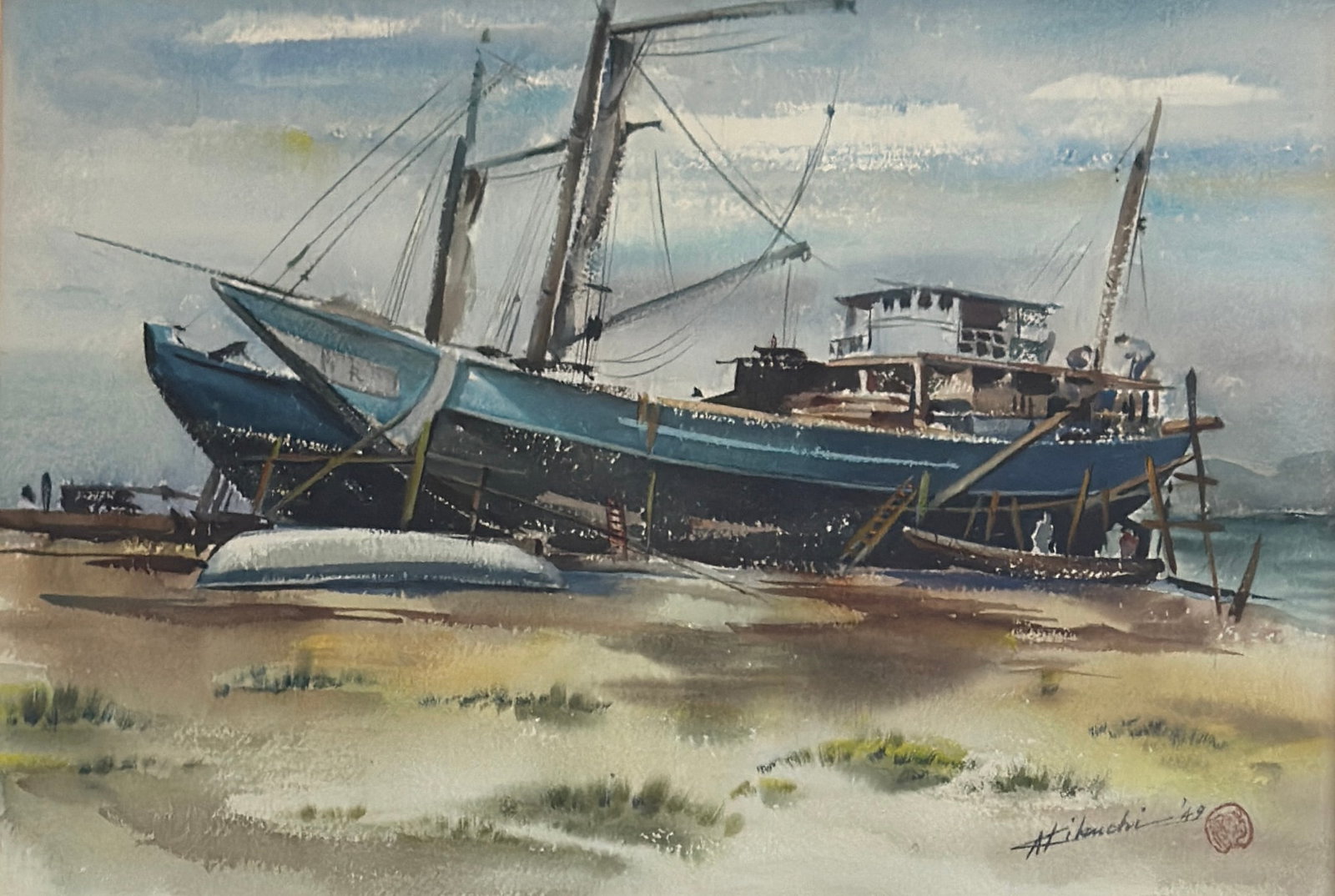 Vintage Watercolor painting ilegilible signature: Watercolor painting ilegilible signature , measures 14"x20" w/f 26"x32"