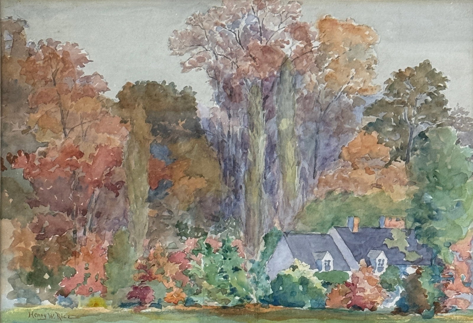Henry Webster Rice (1853 - 1934) American: Henry Webster Rice (1853 - 1934) Watercolor on paper, signed lower left, piece measures 9.5 x 13 and 15.5 x 19.5 inches w/frame. Henry Webster Rice was a professional watercolourist and teacher. Born