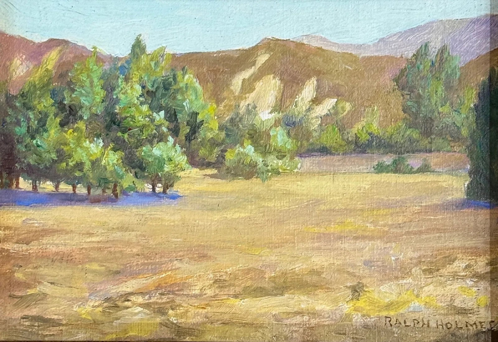 Ralph William Holmes (1876 - 1963) Rolling Hills: Ralph William Holmes (1876 - 1963) Oil on board depicting rolling hills, signed lower right, piece measures 5 x 7 and 7.5 x 9.5 inches w/frame. Provenance; Private Collection, Fullerton, CA.