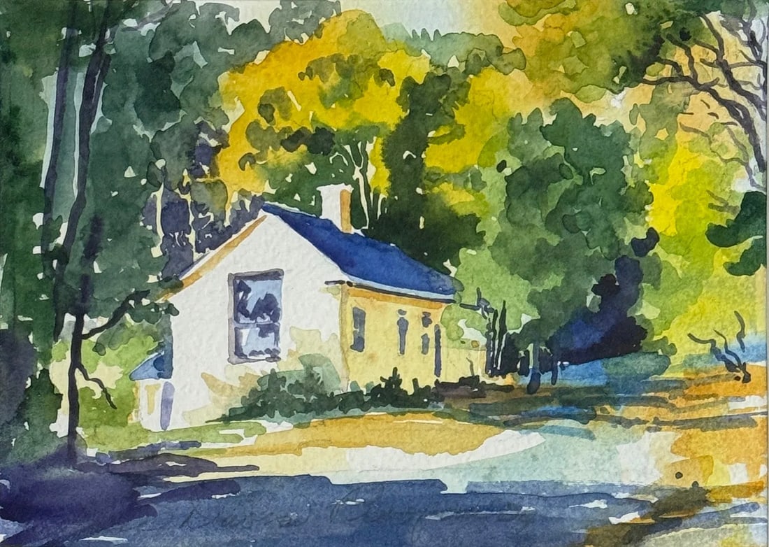 ELICE DAVIS PIEROPAN (Massachusetts, 1931-2013) "THURSTON’S HOUSE (FACTORY HOLLOW)“: ELICE DAVIS PIEROPAN (Massachusetts, 1931-2013) "THURSTON’S HOUSE (FACTORY HOLLOW)“ watercolor on paper, SIGNED LOWER LEFT, FRAMED, 5” X 7” SIGHT SIZE