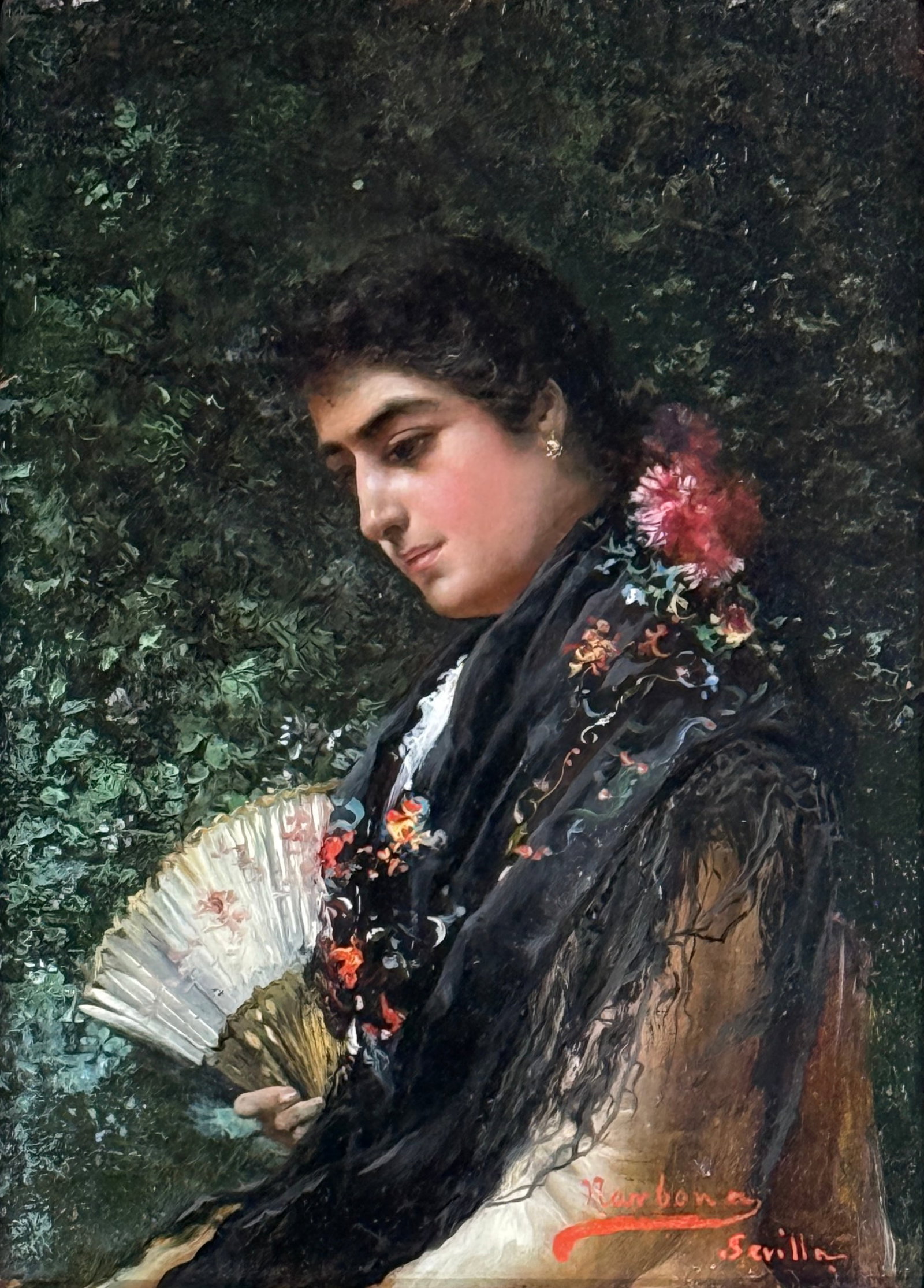 FRANCISCO NARBONA (1860-1926) "Gitana": FRANCISCO NARBONA BELTRAN (1860-1926) Oil on panel, signed lower right "Narbona; Seville", piece measures 10 x 7 (26 x 18 cm) and 17.5 x 14.5 inches with beautiful leaf style carved wood frame.