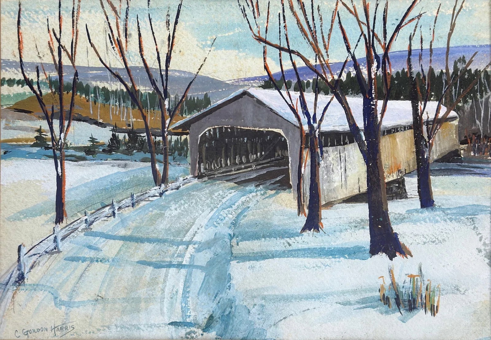 Charles Gordon Harris (1891 - 1963) American: Charles Gordon Harris (1891 - 1963) Watercolor & Gouache on paper, signed lower left "C. Gordon Harris" piece measures 10 x 14 and 17.5 x 21.5 inches w/frame. He studied at the Rhode Island School of