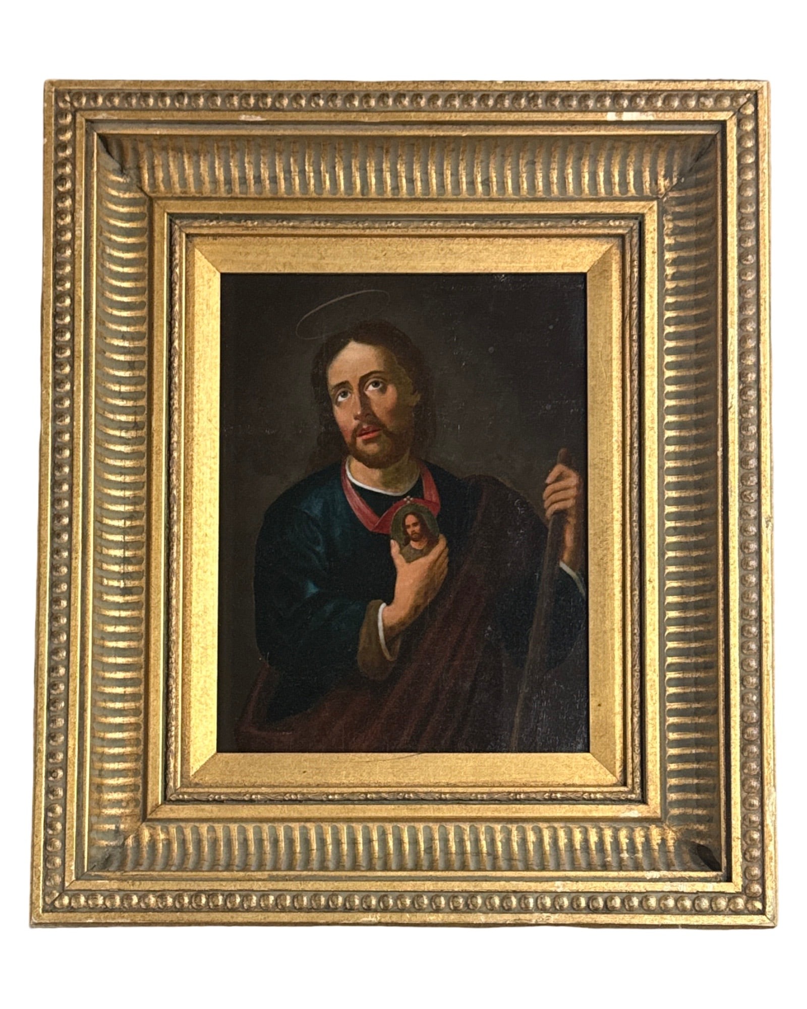 St. Jude Thaddeus the Apostle (Late 19th Century): St. Jude the Apostle (Late 19th Century) Oil on panel, Possibly Spanish or Italian, piece measures 13 x 10 and 21 x 18.5 inches with modern gilt colored frame. In the 5th-century fresco Jude also