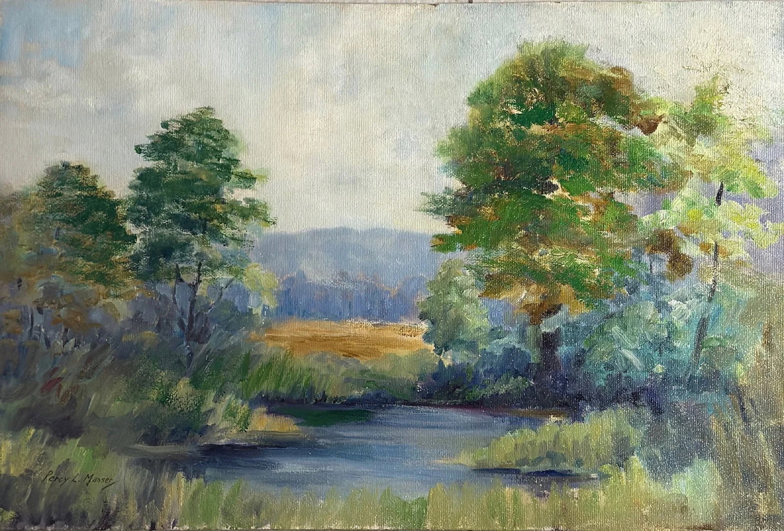 Percy L. Manser (1886 - 1973) American: Percy L. Manser (1886 - 1973) OIl on masonite board, signed lower right, piece measures 20 x 30 inches and 25 x 35 inches w/frame. Artist was born in England where he studied at the King Charles