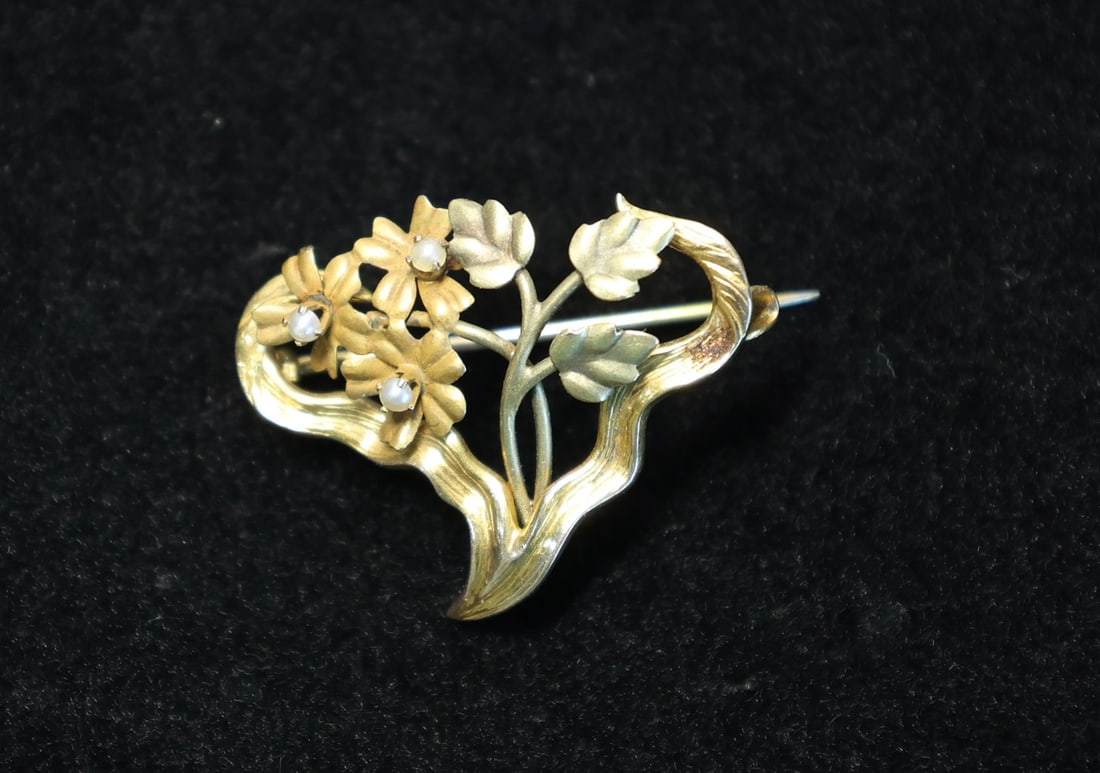Antique 10-14k Yellow & Green Gold Seed Pearl Bouquet Heart Pin: antique, 10-14k yellow and green gold (tested), bouquet in a heart pin with hook on reverse for hanging as a pendant , 2 mm seed pearls.1 1/16"L. 2.2 grams.